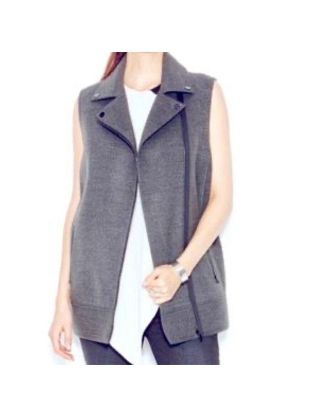 Rachel Roy Wool Look Charcoal Grey Mid Length Moto Vest